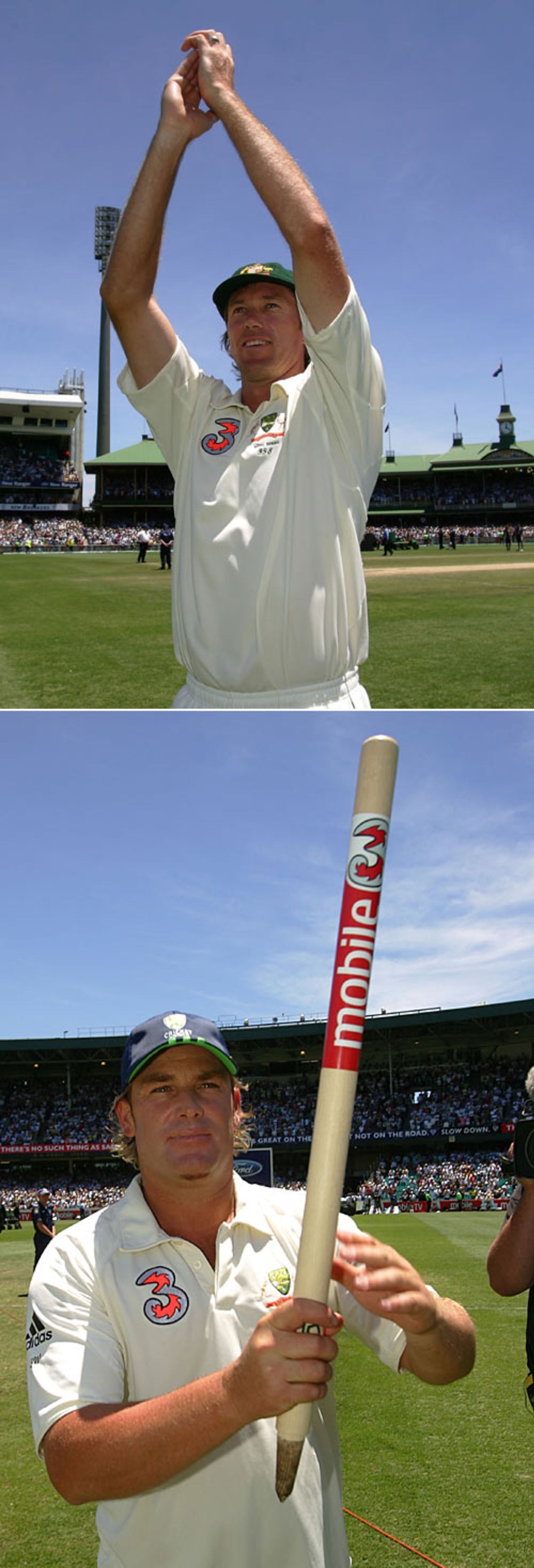 Glenn McGrath and Shane Warne celebrate Australia's win, Australia v England, 5th Test, Sydney, January 5, 2007