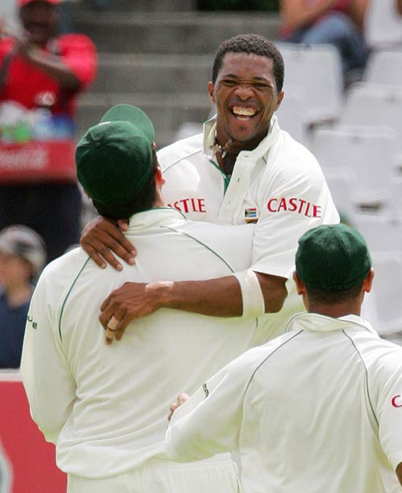 Makhaya Ntini celebrates Wasim Jaffer's wicket, South Africa v India, 3rd Test, Cape Town, 4th day, January 5, 2007