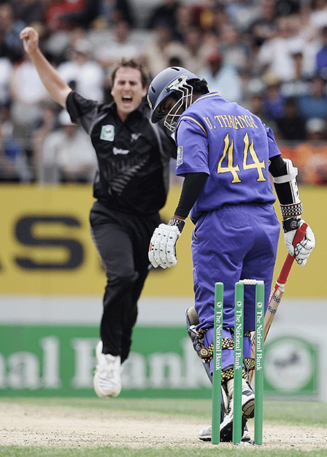 Mark Gillespie celebrates after bowling Upul Tharanga for 22, New Zealand v Sri Lanka, 4th ODI, Eden Park, January 6, 2007