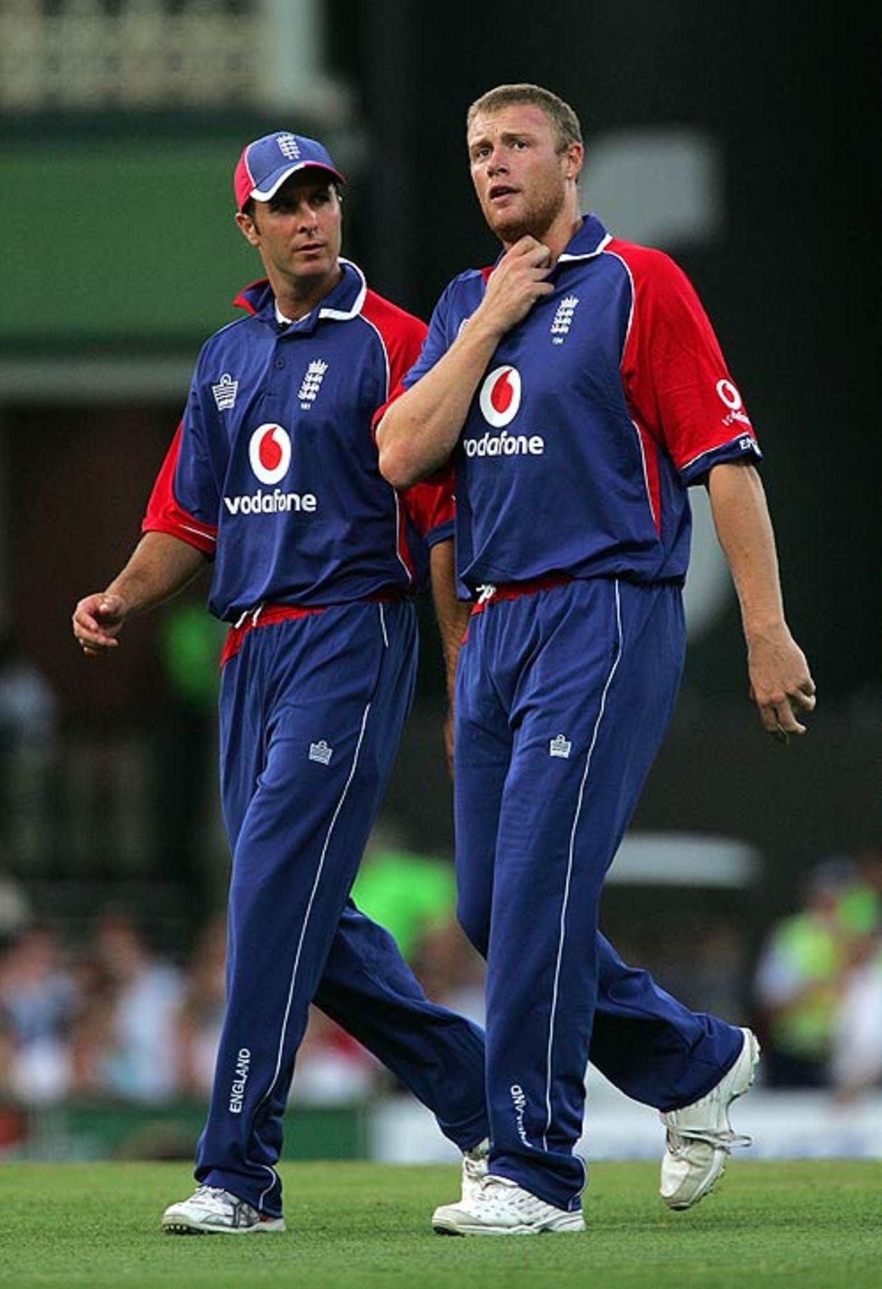 Michael Vaughan and Andrew Flintoff plot how to stem the flow of runs, Australia v England, Only Twenty20, Sydney, January 9, 2007