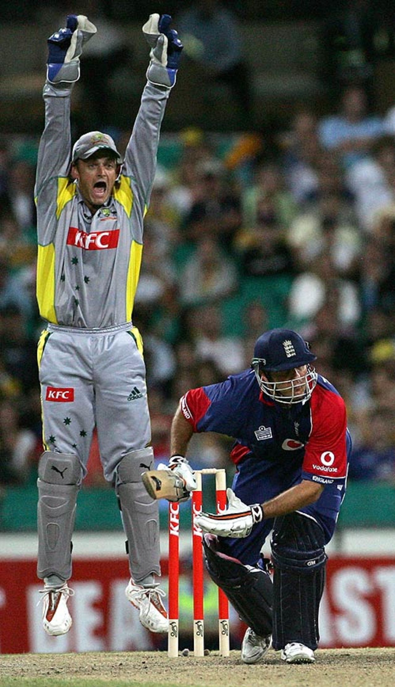 Adam Gilchrist appeals and Michael Vaughan is trapped lbw on his return to international cricket, Australia v England, Only Twenty 20, Sydney, January 9, 2007