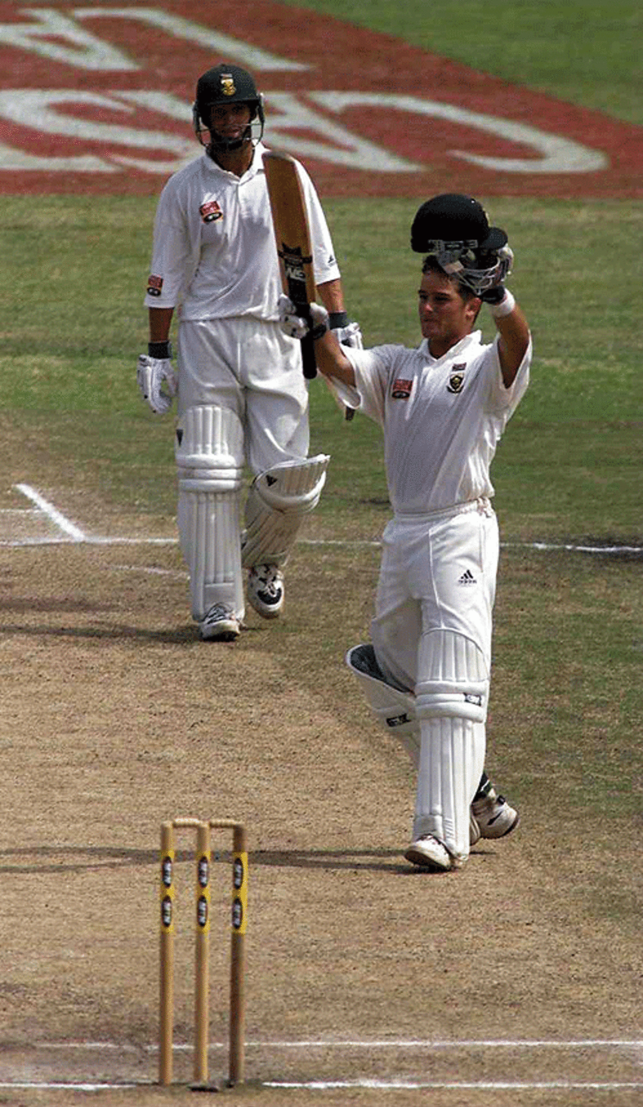 Mark Boucher celebrates his century as nightwatchman, South Africa v England, 3rd Test, Durban, December 30, 1999