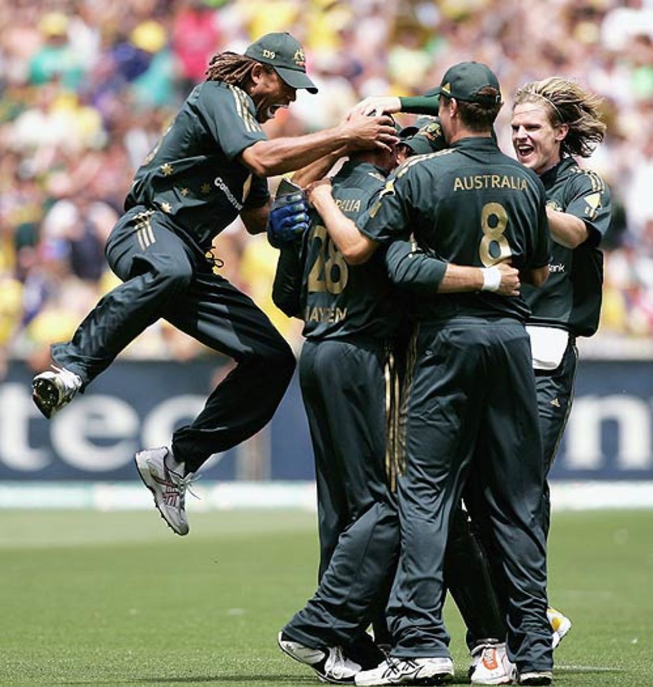 The Australians congratulate Matthew Hayden on a sharp catch to dismiss Andrew Strauss, Australia v England, Commonwealth Bank Series, 1st Match, Melbourne, January 12, 2007