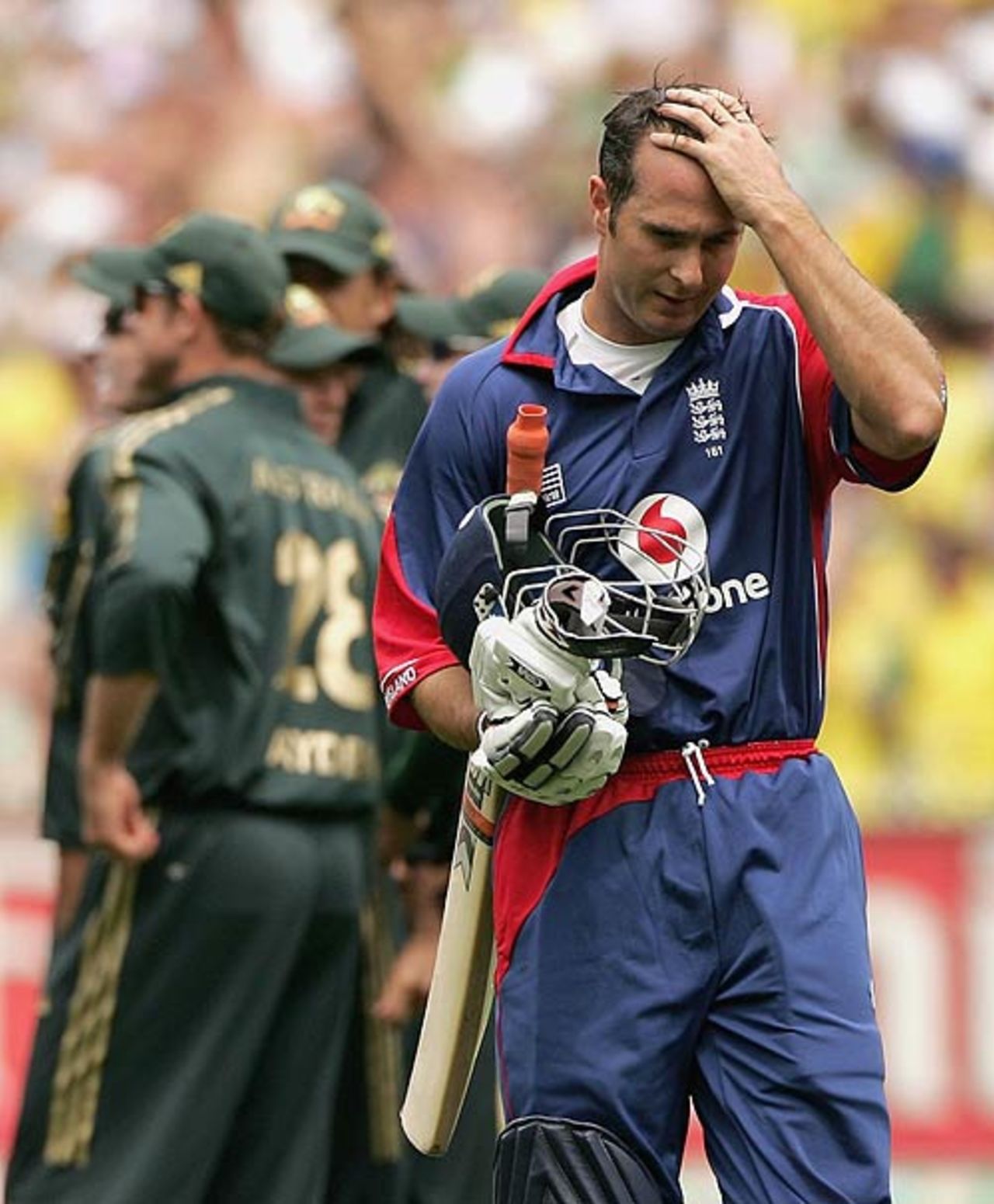 Michael Vaughan walks back after nicking Nathan Bracken to Matthew Hayden, Australia v England, Commonwealth Bank Series, 1st Match, Melbourne, January 12, 2007