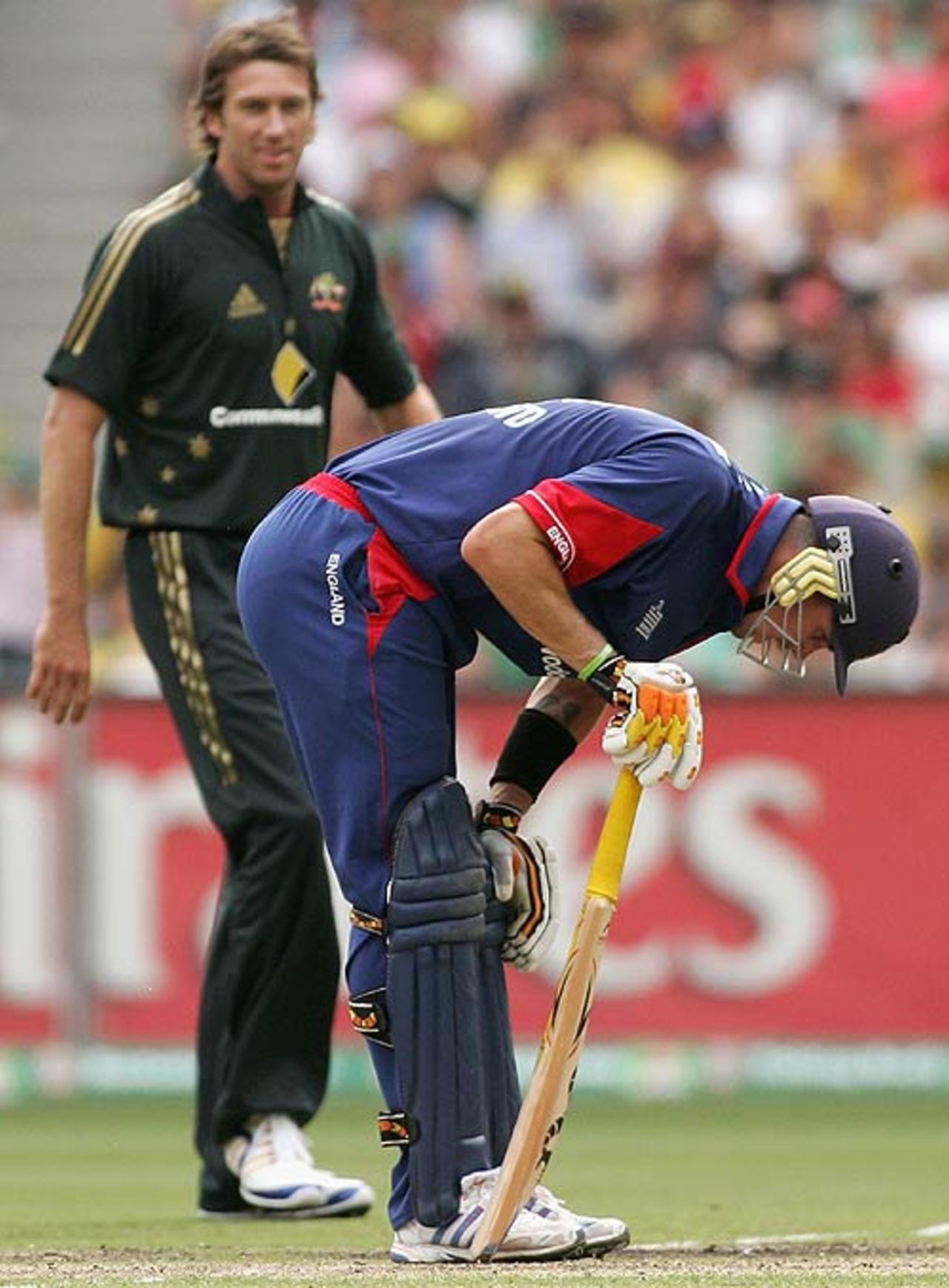 Kevin Pietersen is hurting after Glenn McGrath hit him in the ribs, Australia v England, Commonwealth Bank Series, 1st Match, Melbourne, January 12, 2007