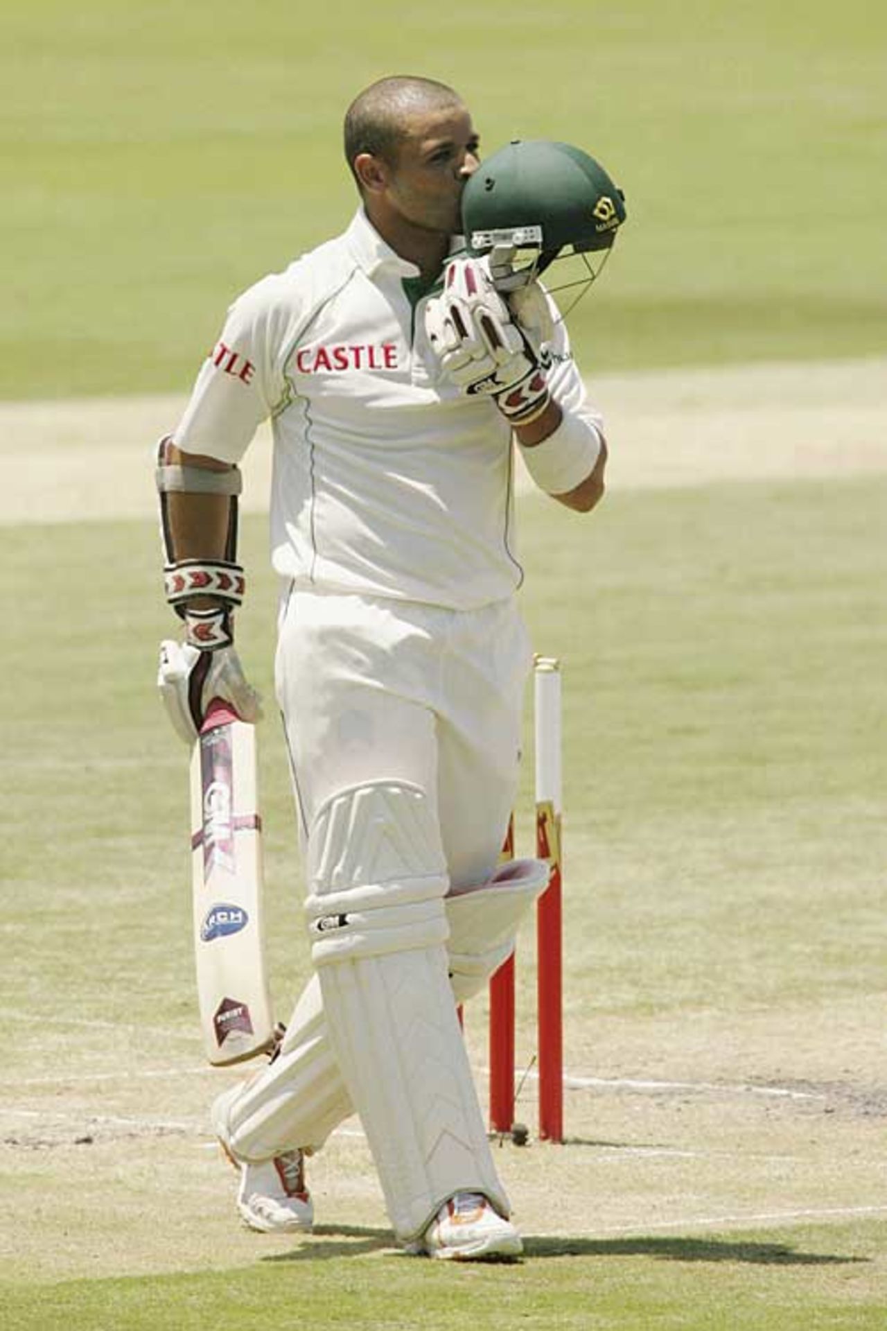 Ashwell Prince kisses his helmet after reaching a sixth Test century, South Africa v Pakistan, 1st Test, Centurion Park, January 13, 2007