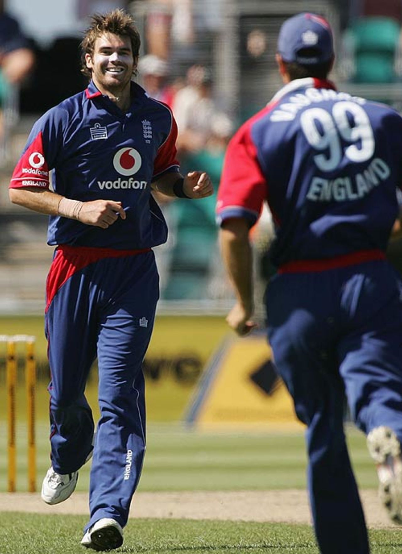 James Anderson celebrates the first wicket, that of Brendon McCullum, England v New Zealand, CB Series, 3rd match, Hobart, January 16, 2007