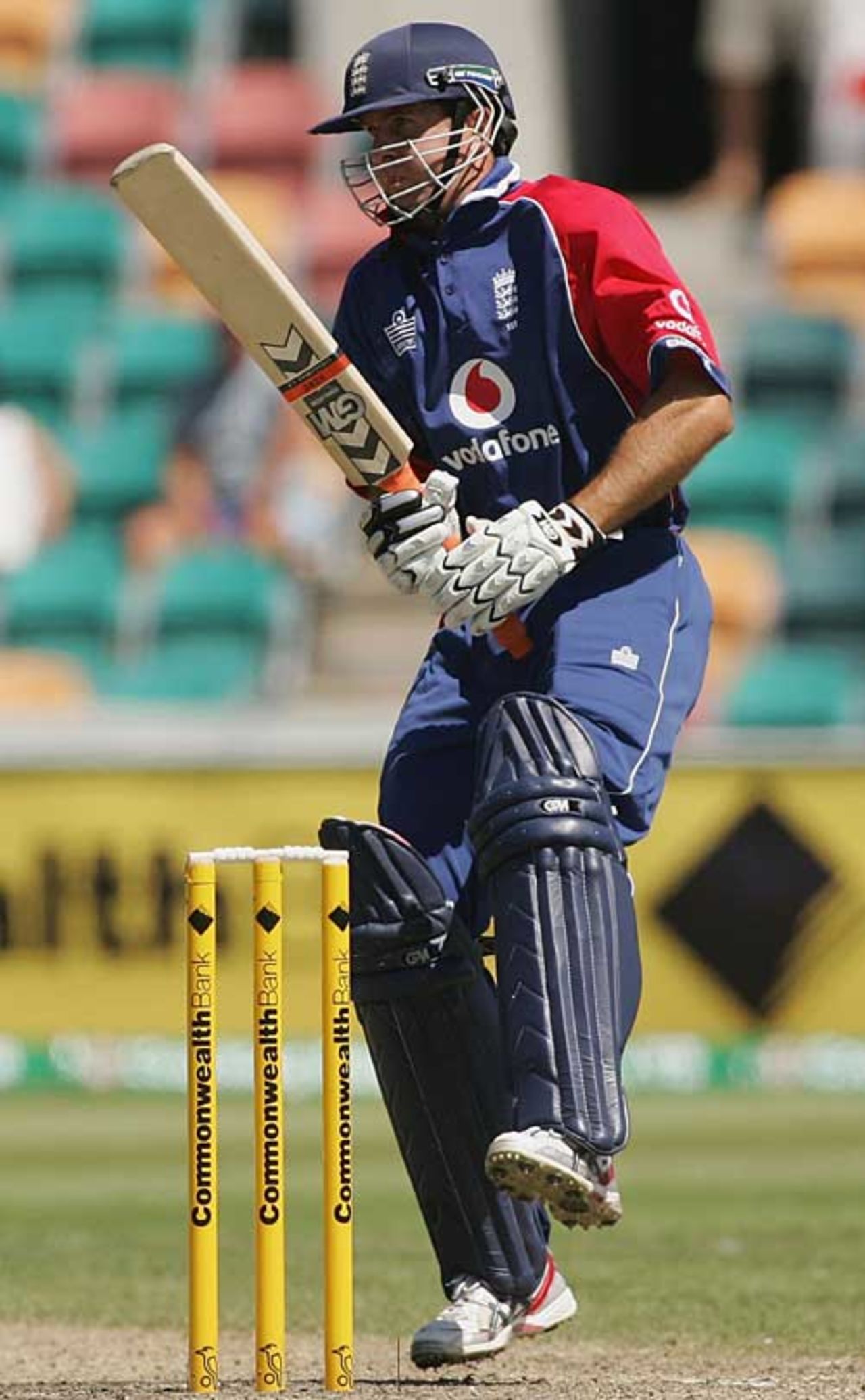 Michael Vaughan feels the pain during his short innings, England v New Zealand, CB Series, 3rd match, Hobart, January 16, 2007