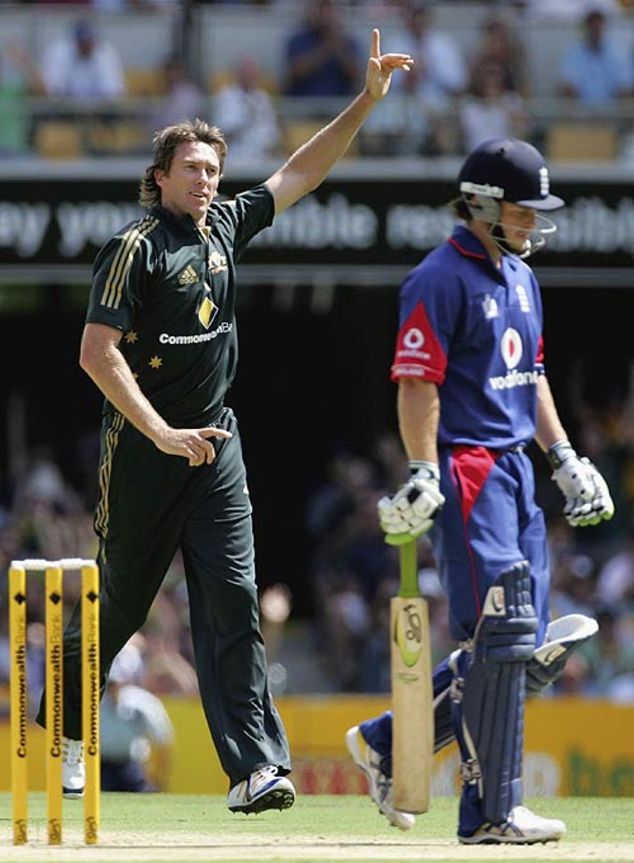 Glenn McGrath celebrates removing Ed Joyce, Australia v England, CB Series, 4th match, Brisbane, January 19, 2007