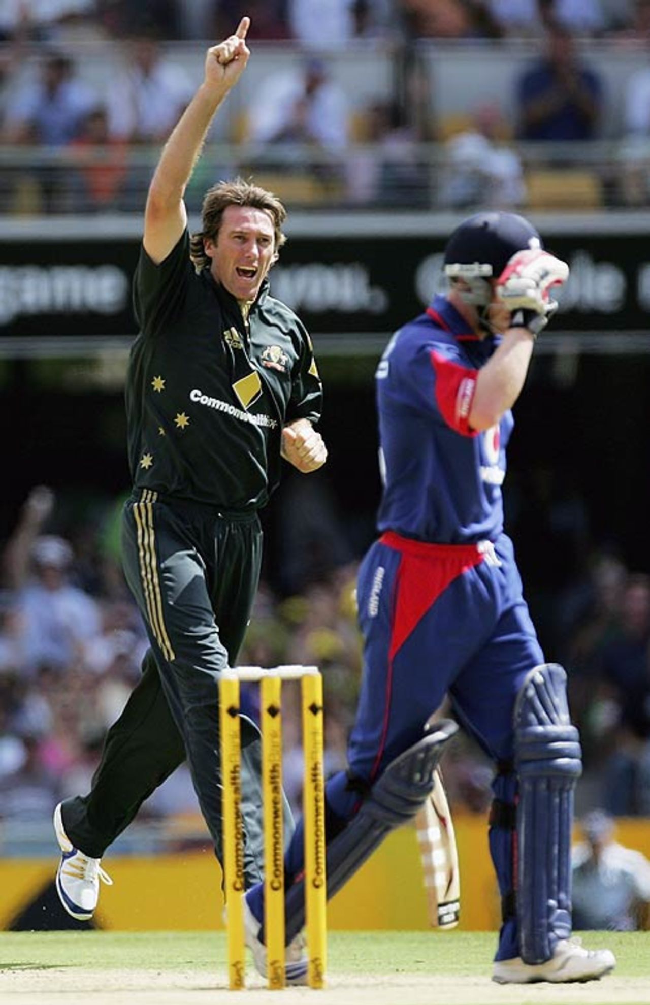 Glenn McGrath celebrates Paul Collingwood's wicket, Australia v England, CB Series, 4th match, Brisbane, January 19, 2007