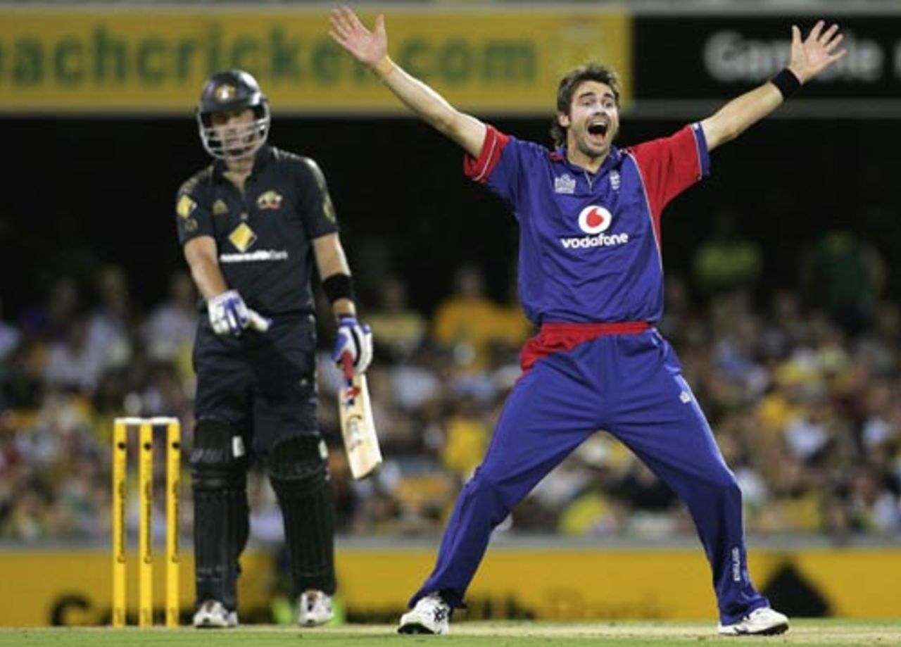 James Anderson appeals successfully after trapping Cameron White in front, Australia v England, CB Series, 4th match, Brisbane, January 19, 2007