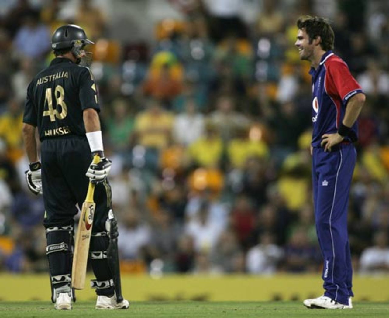 James Anderson makes a polite enquiry after Michael Hussey survived a caught-behind appeal, Australia v England, CB Series, 4th match, Brisbane, January 19, 2007