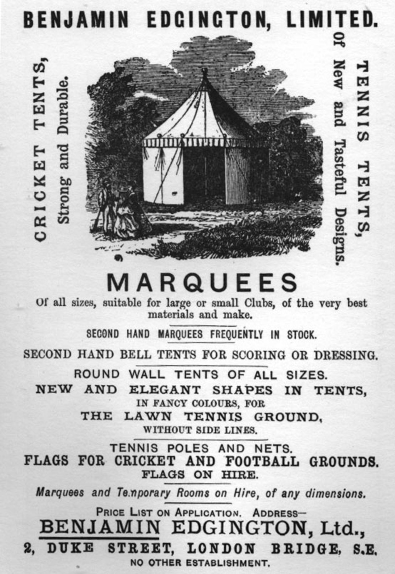 An advertisement for Benjamin Edgington Limited's marquees in the 1887 edition of the Wisden Cricketers' Almanack