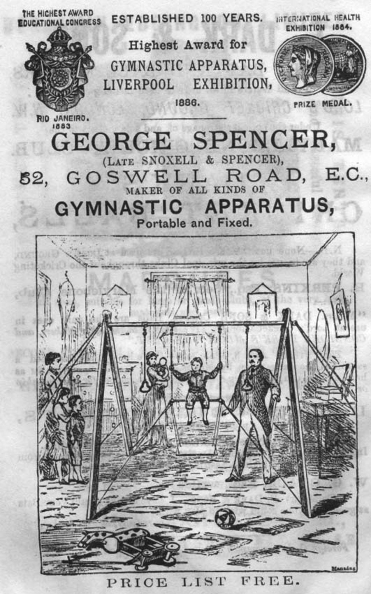 An advertisement for George Spencer's  gymnastic apparatus in the 1887 edition of the Wisden Cricketers' Almanack