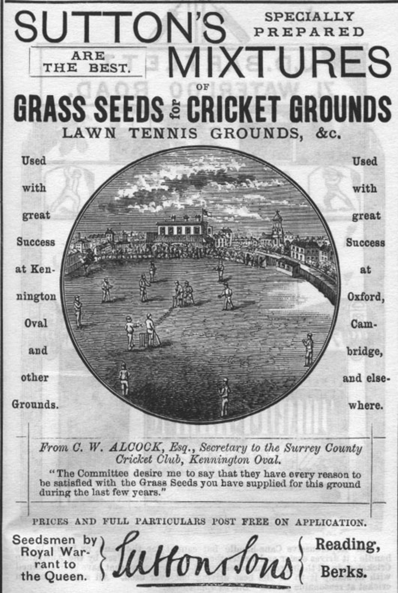 An advertisement for Sutton's Mixtures, a grass seed, in the the 1884 edition of the Wisden Cricketers' Almanack