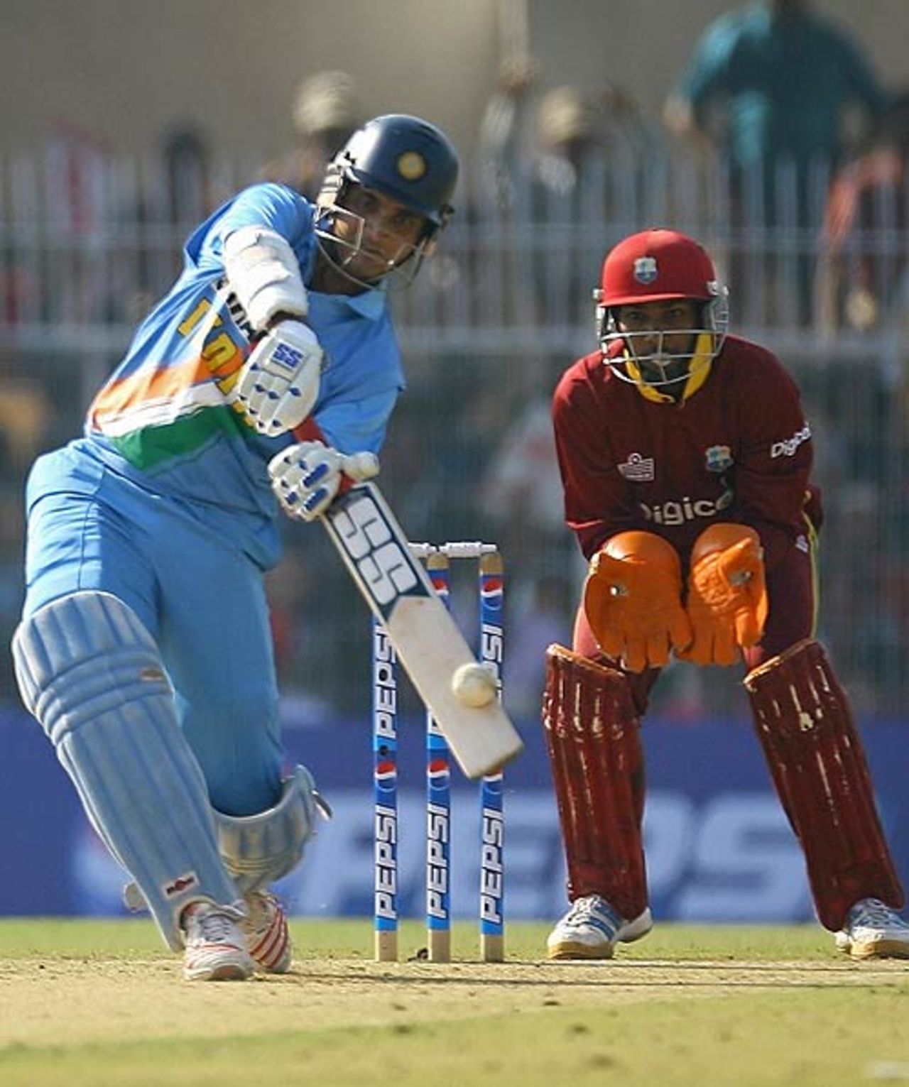 Sourav Ganguly steps down the track and lofts, India v West Indies, 1st ODI, Nagpur, January 21, 2007