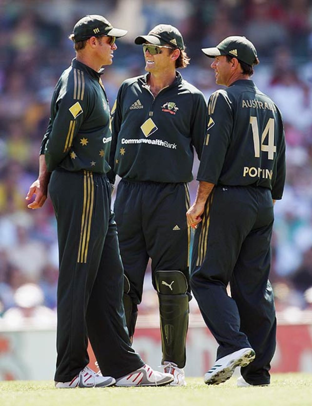 Matthew Hayden, Adam Gilchrist and Ricky Ponting discuss strategy, Australia v New Zealand, CB Series, 5th match, Sydney, January 21, 2007