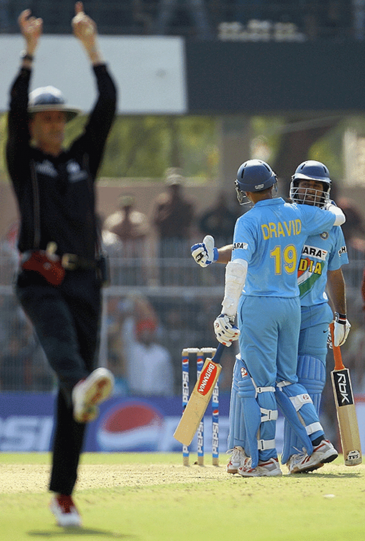 Billy Bowden signals a six hit by Mahendra Singh Dhoni. The Indian innings featured ten sixes in total, India v West Indies, 1st ODI, Nagpur, January 21, 2007