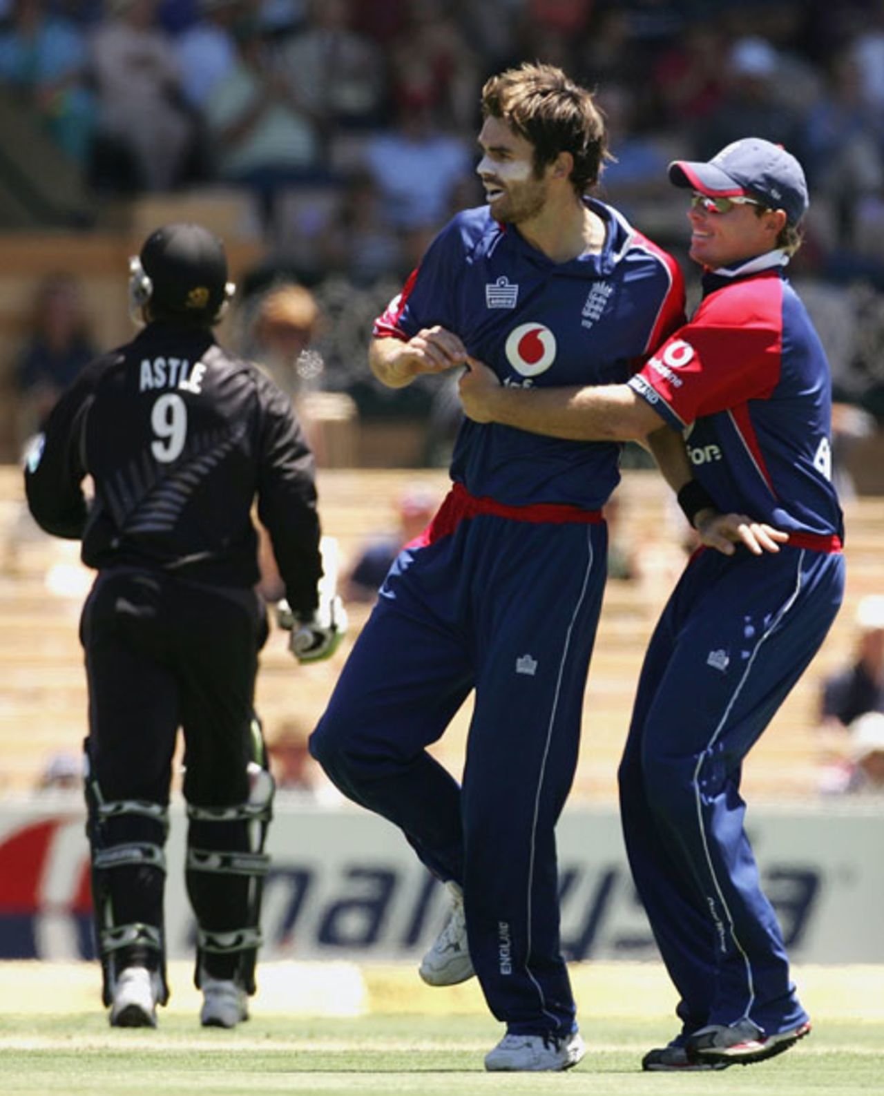 James Anderson is congratulated by Ian Bell after dismissing Nathan Astle, England v New Zealand, CB Series, Adelaide, January 23, 2007