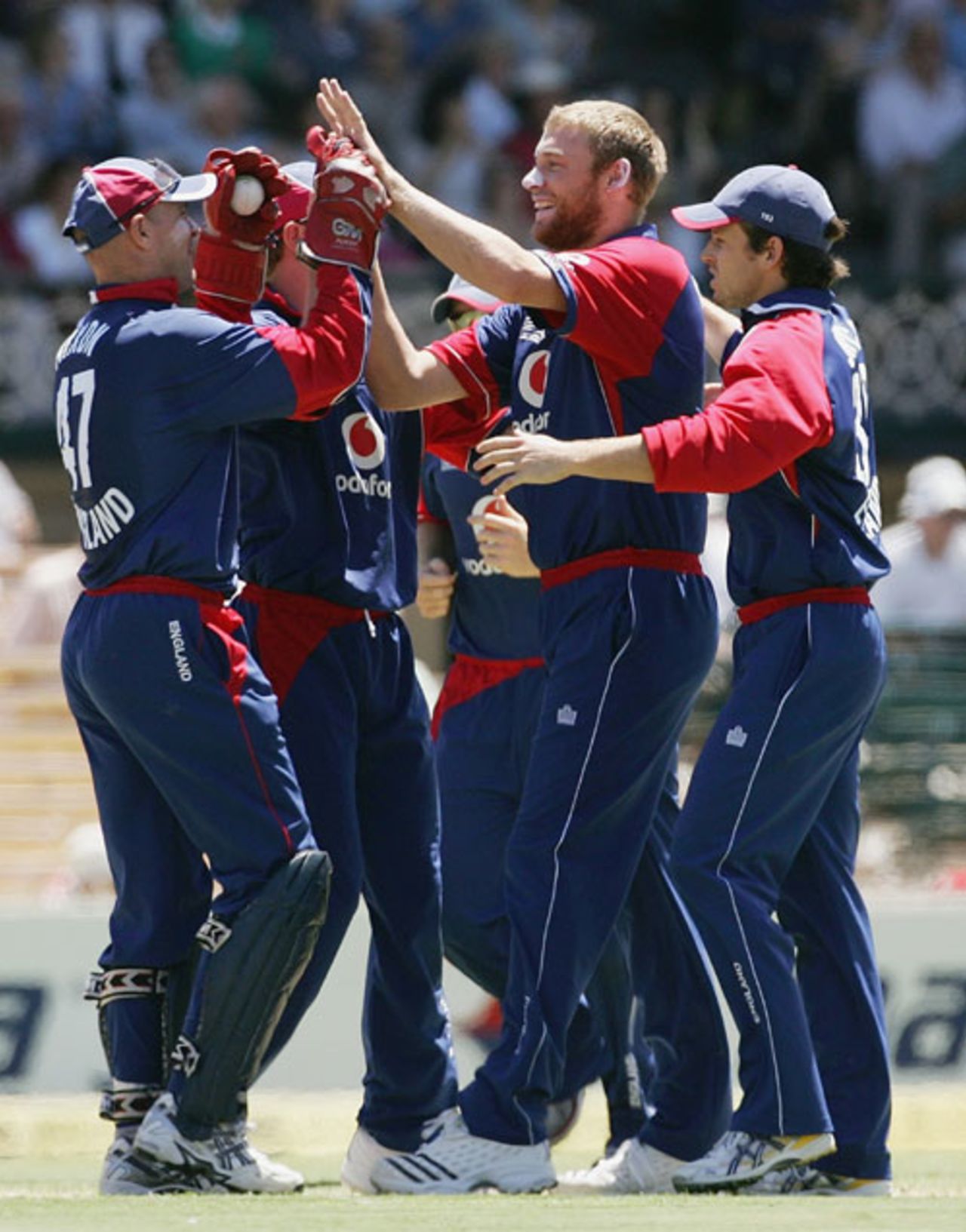 England players crowd round Andrew Flintoff after he removed Stephen Fleming, England v New Zealand, CB Series, Adelaide, January 23, 2007