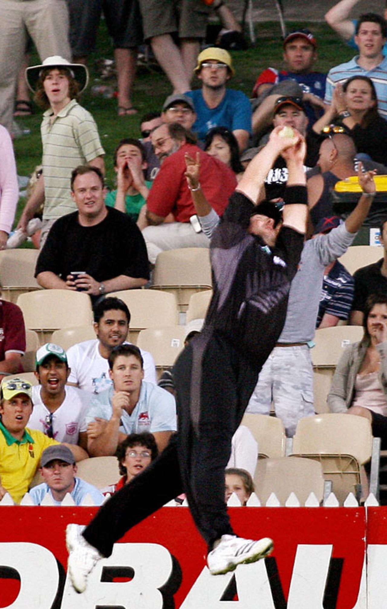 Mark Gillespie leaps high and takes a stunning catch to dismiss Ed Joyce, England v New Zealand, CB Series, Adelaide, January 23, 2007