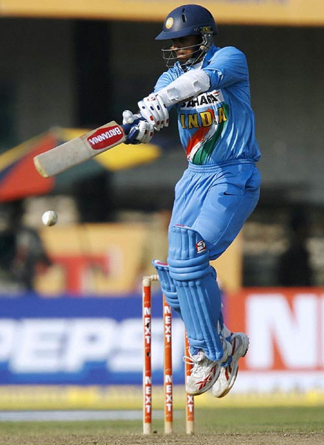 Rahul Dravid jumps and tries to cut, India v West Indies, 2nd ODI, Cuttack, January 24, 2007
