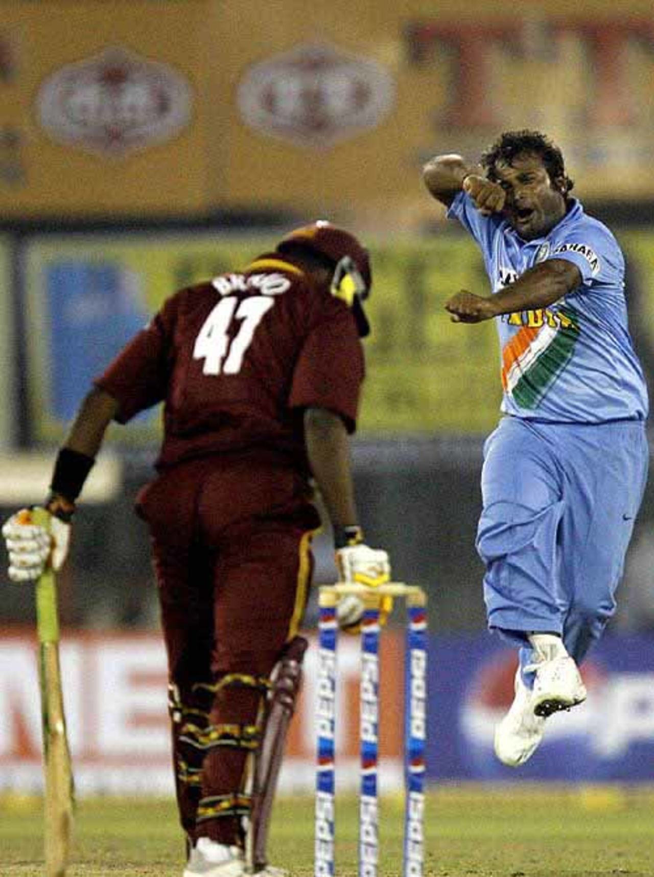 Ramesh Powar is ecstatic after dismissing Dwayne Bravo, India v West Indies, 2nd ODI, Cuttack, January 24, 2007