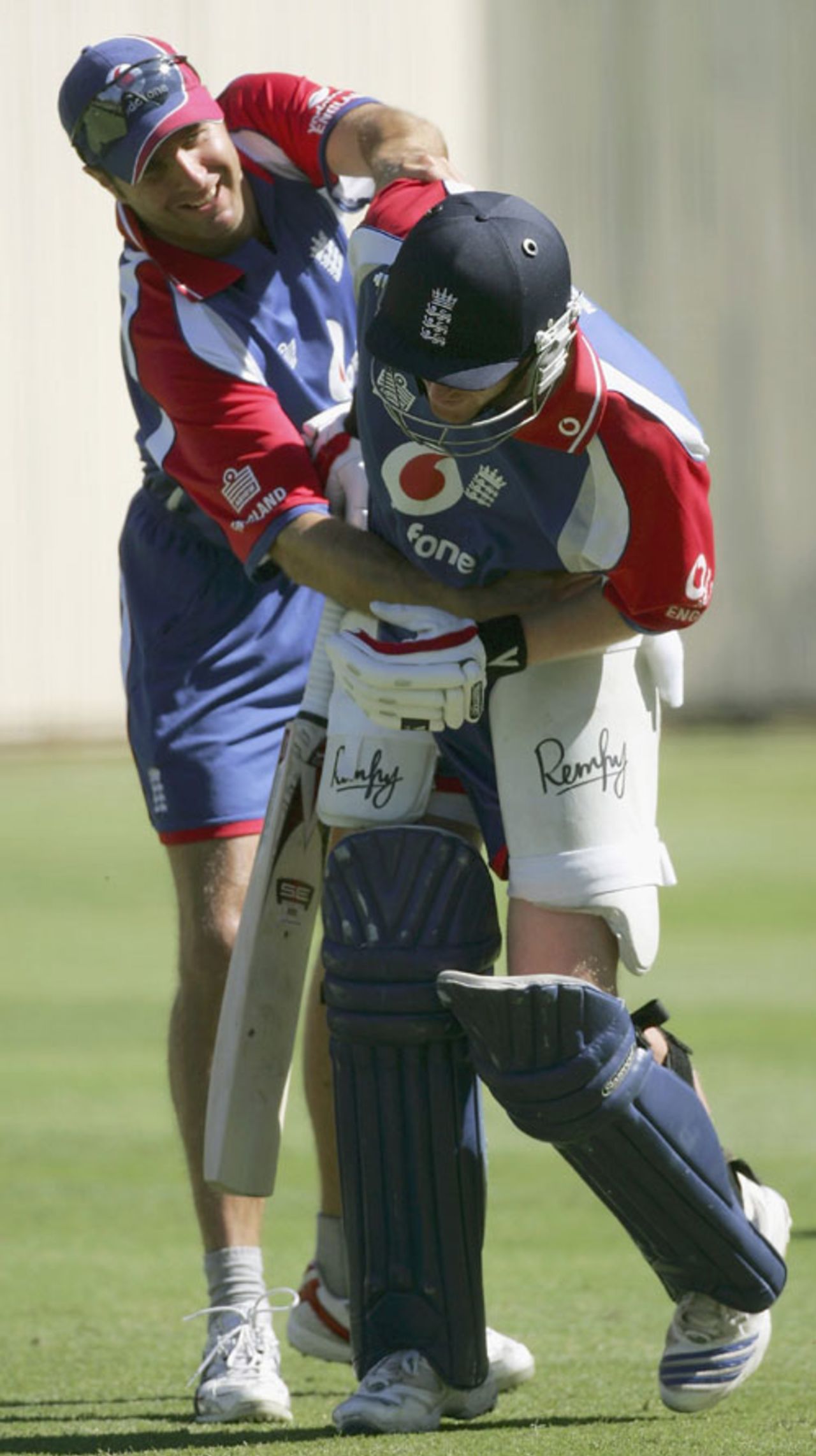 Paul Collingwood and Michael Vaughan lark about in the nets, Adelaide, January 25, 2007