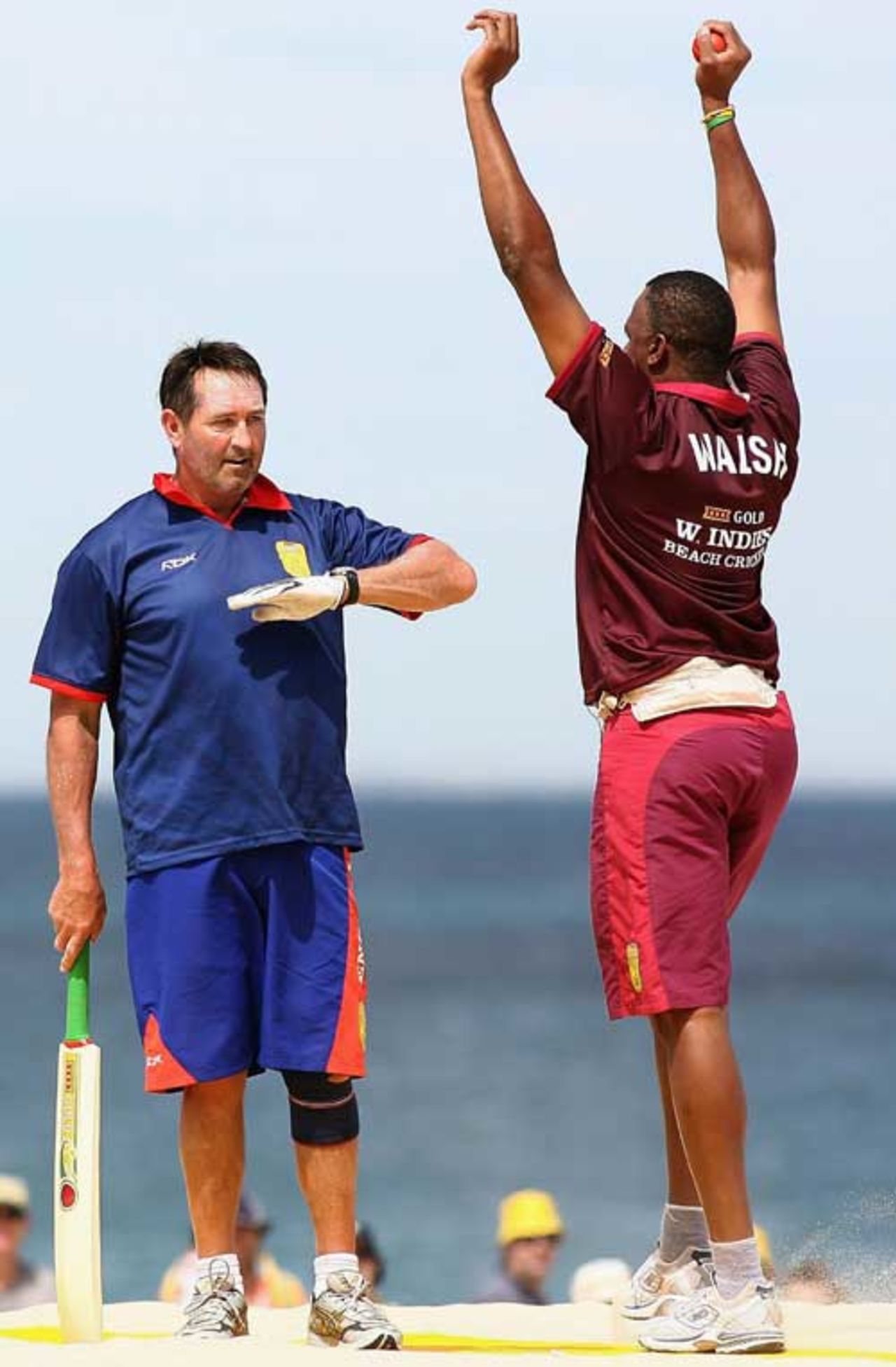 Courtney Walsh celebrates Graham Gooch's wicket during the beach cricket tri-series, Scarborough Beach, Perth, January 27, 2007