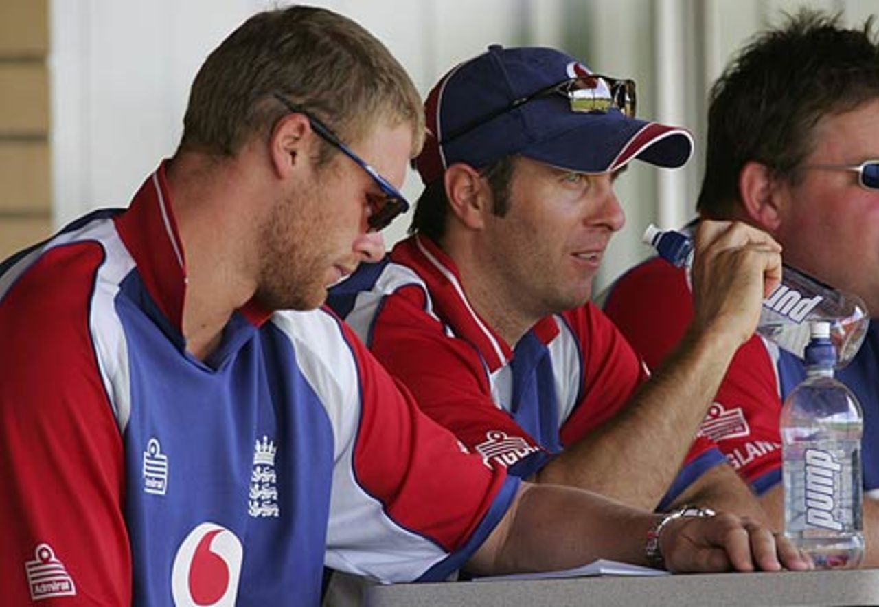 Andrew Flintoff and Michael Vaughan watch on at England's training session, Perth, January 28, 2007