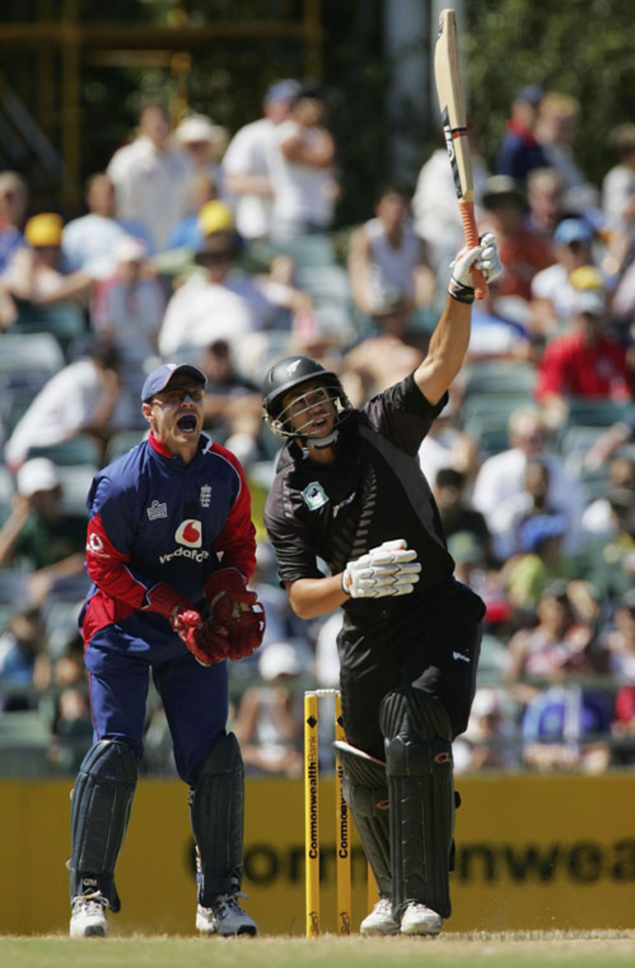 33.3 Collingwood to Taylor, OUT, good bowling from Collingwood, the slower ball, a legcutter and Taylor sails that up to long-on (his hand coming off the bat) where it's Panesar... and can he... oh, Monty makes that catch look easy! Ah, it was,  England v New Zealand, CB Series, Perth, January 30, 2007