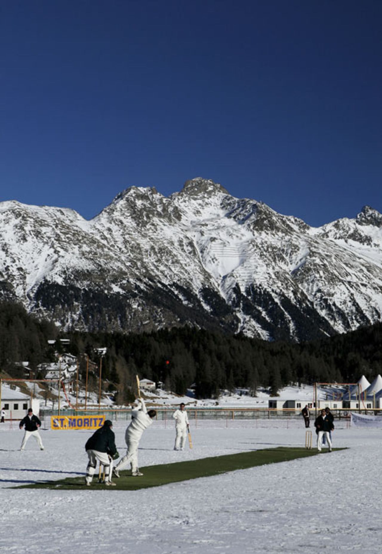 Winterthur XI play Old Salopians XI during the 19th Cricket Tournament on Ice held on the frozen surface of Lake St. Moritz, Switzerland,February 2, 2007