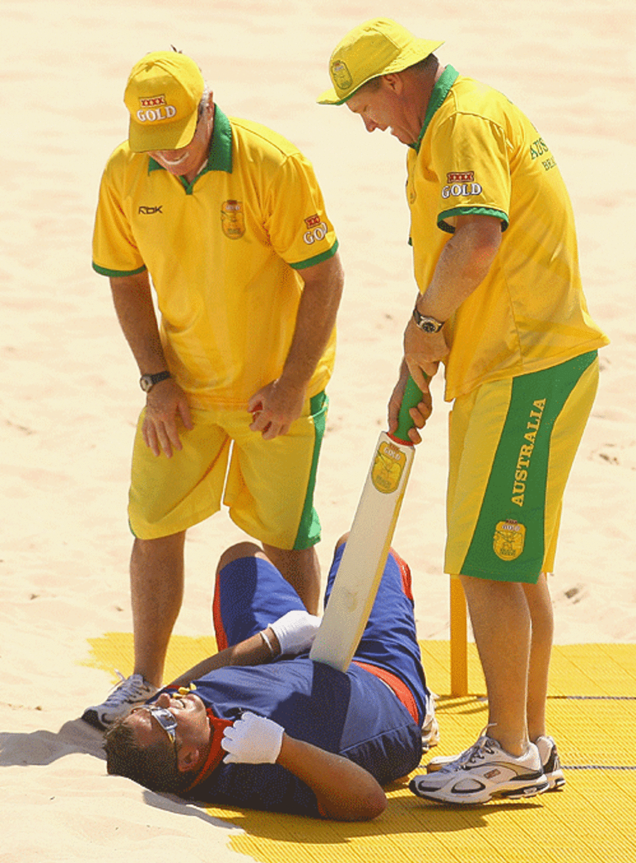 "So you're the one everyone's talking about, eh?" Allan Border and Dean Jones mess around with Darren Gough, Beach Cricket Tri-Nations series, Maroubra Beach, Sydney, February 3, 2007