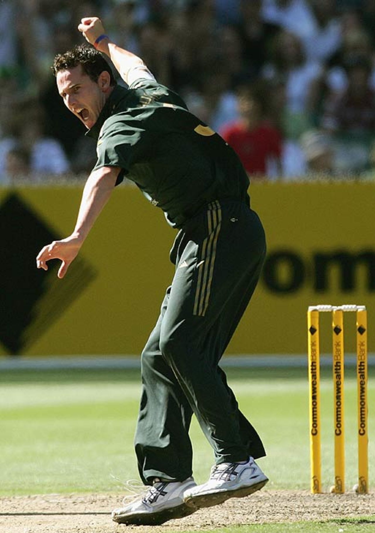 Shaun Tait shows his joy at removing Lou Vincent, Australia v New Zealand, CB Series, 11th match, Melbourne, February 4, 2007