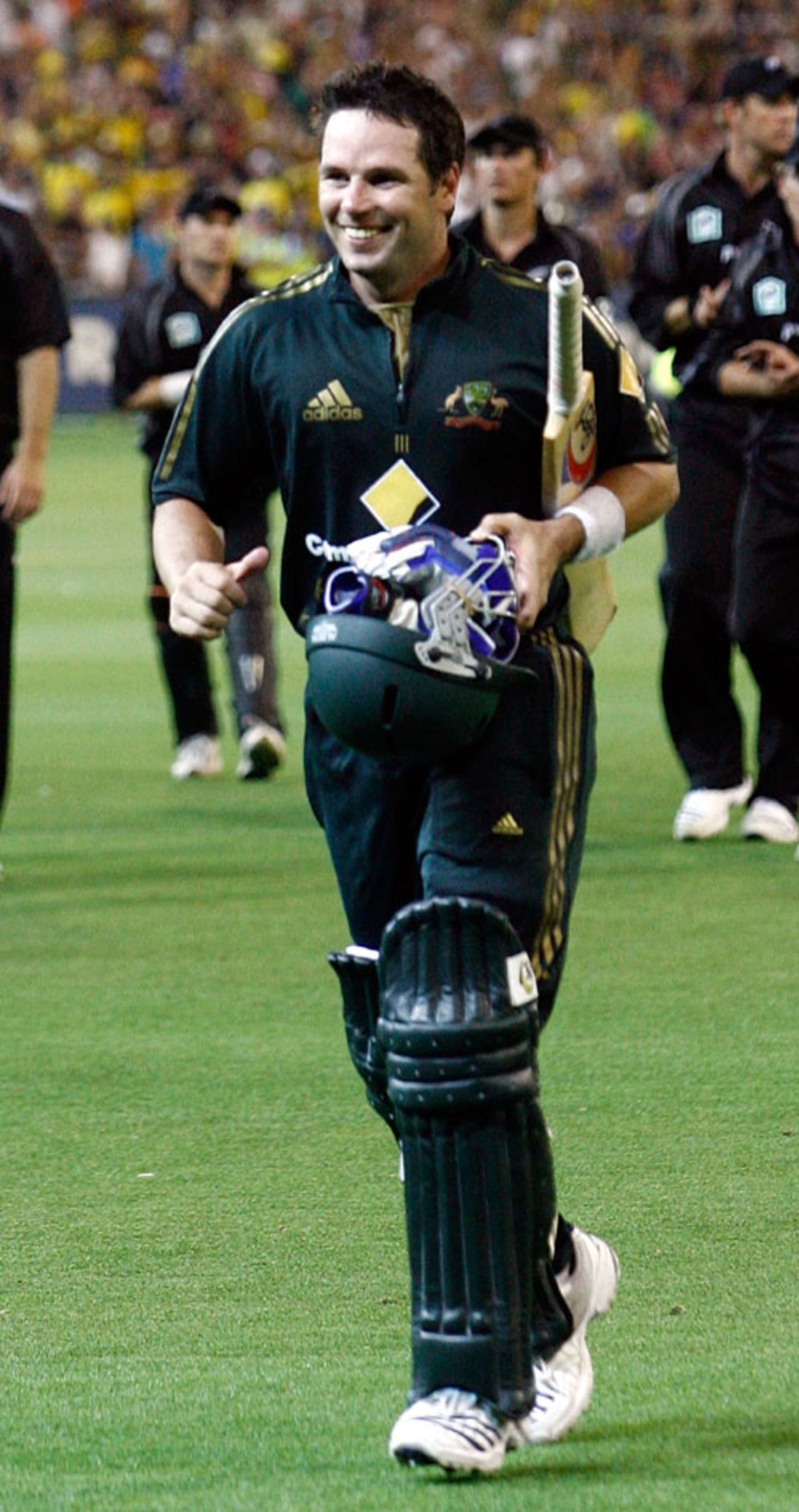 A delighted Brad Hodge leads Australia off, one short of a century, Australia v New Zealand, CB Series, 11th match, Melbourne, February 4, 2007