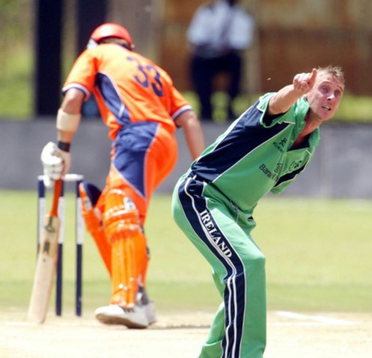 Ireland's fast bowler, Paul Mooney, appeals for LBW for Netherlands batsman, Bas Zuiderent, but he was not out , during the ICC World Cricket League Division 1 against Netherlands at the Nairobi Gymkhana Club in Nairobi, Monday, Feb. 5, 2007