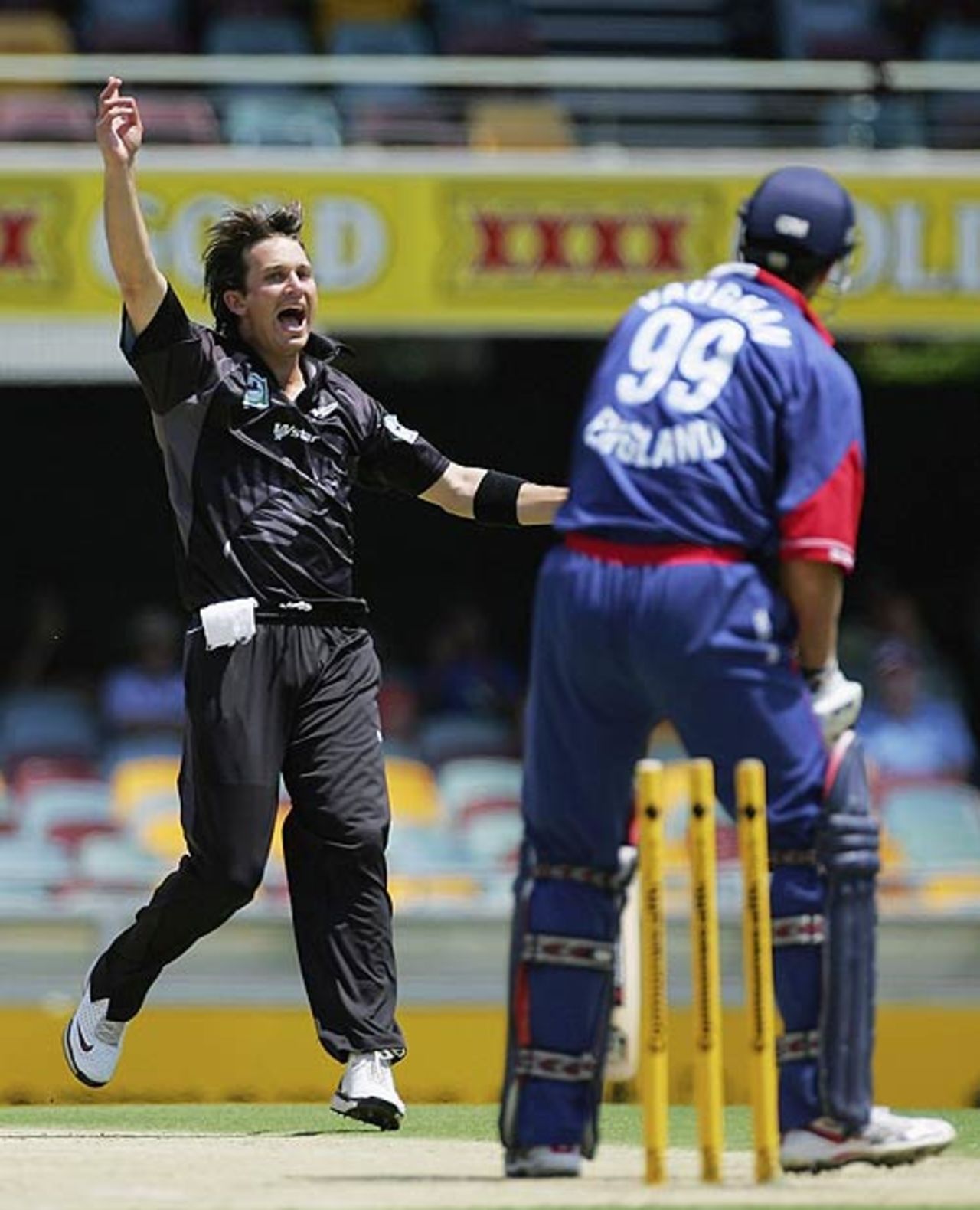 Shane Bond removes Michael Vaughan for 0 in the first over, England v New Zealand, CB Series, 12th match, Brisbane, February 6, 2007
