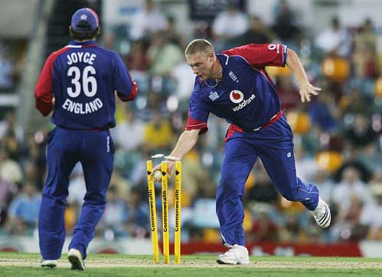Andrew Flintoff completes the run out of Ross Taylor, England v New Zealand, CB Series, 12th match, Brisbane, February 6, 2007