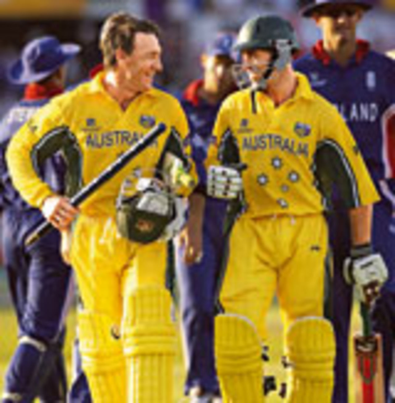 Andy Bichel and Michael Bevan after winning their World Cup match against England on 2 March 2003