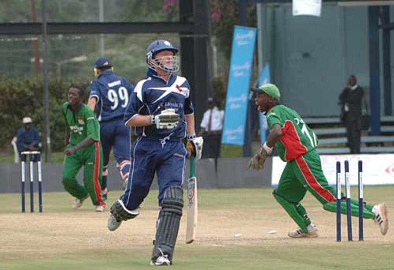 Dougie Brown is run out 13 as Scotland struggle, Kenya v Scotland, World Cricket League final, Nairobi, February 7, 2007