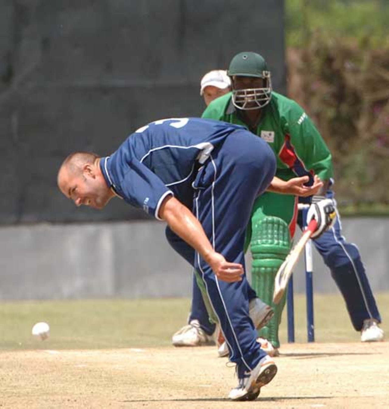 David Obuya drives past Paul Hoffmann, Kenya v Scotland, World Cricket League final, Nairobi, February 7, 2007