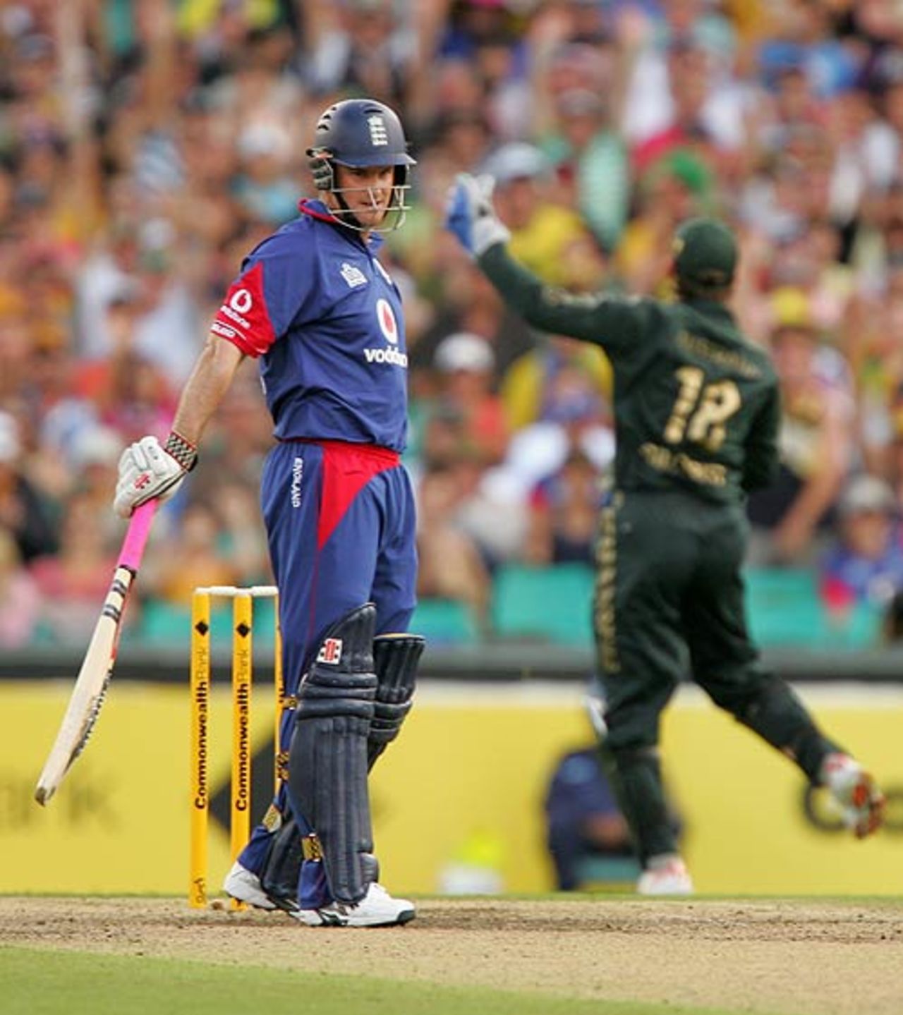 Andrew Strauss watches another innings end early when he is caught behind for 6, Australia v England, CB Series, 2nd final, Sydney, February 11, 2007