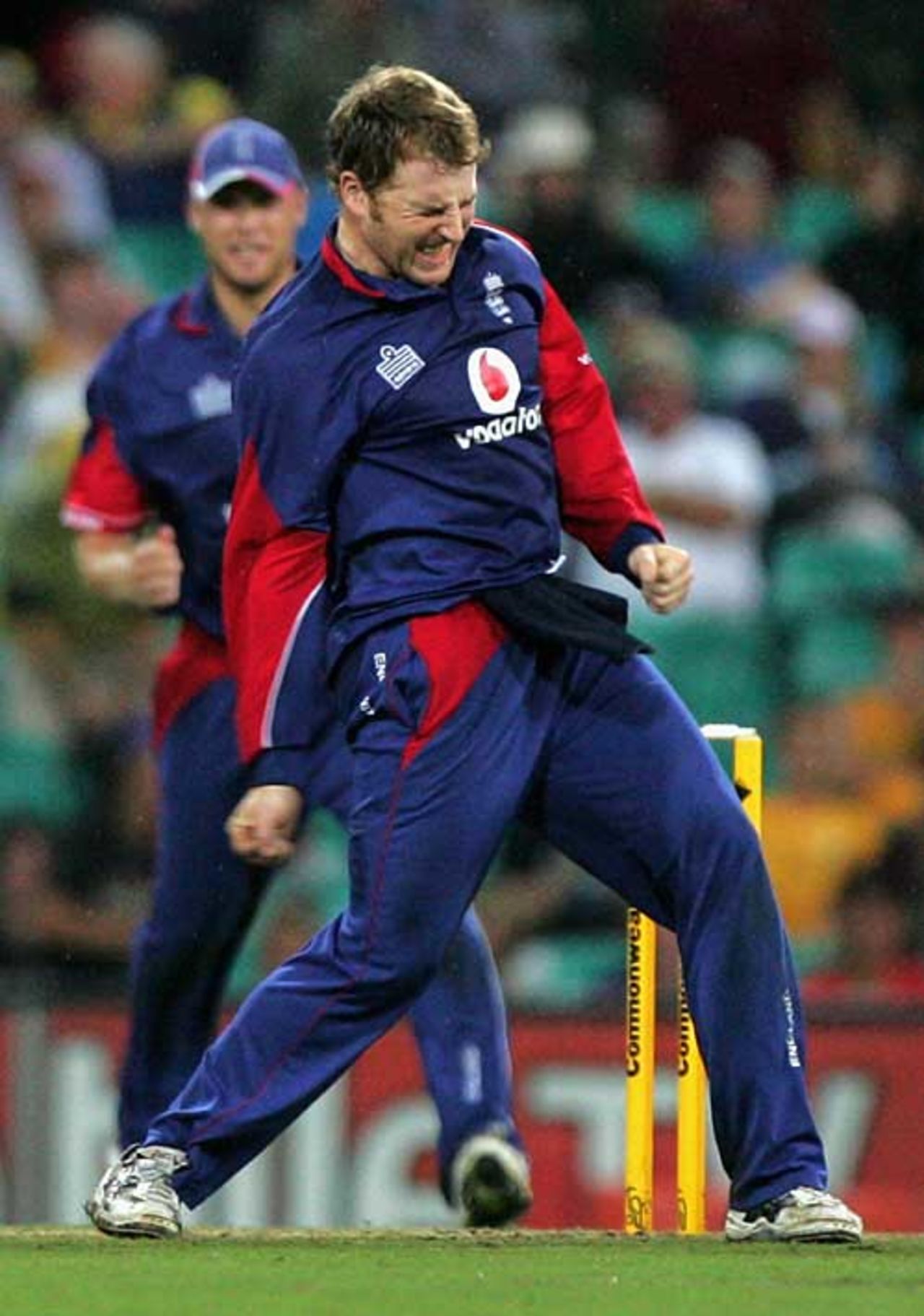 Jamie Dalrymple celebrates Brad Hodge's wicket, Australia v England, CB Series, 2nd final, Sydney, February 11, 2007