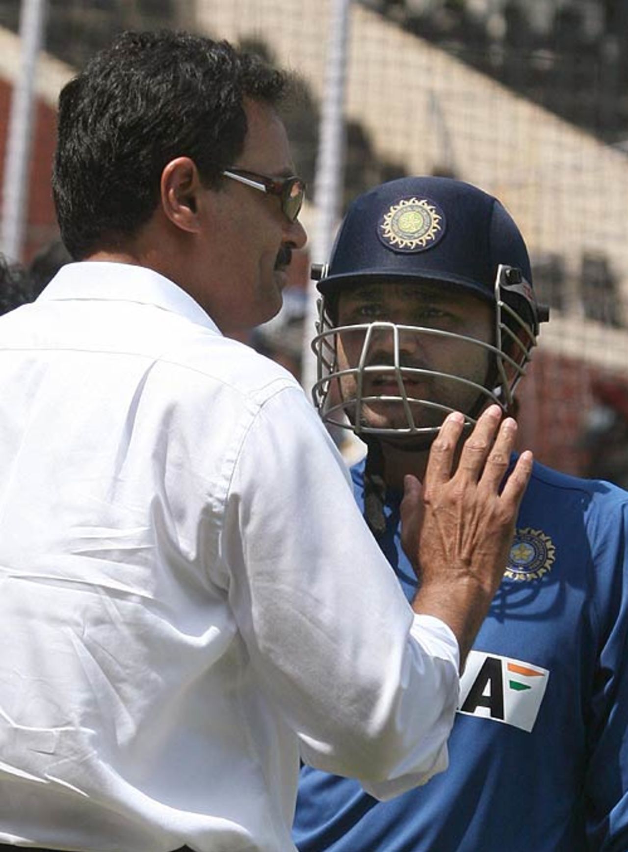 Chairman of selectors Dilip Vengsarkar has a word with out-of-form Virender Sehwag before the third one-dayer, Goa, February 13, 2007