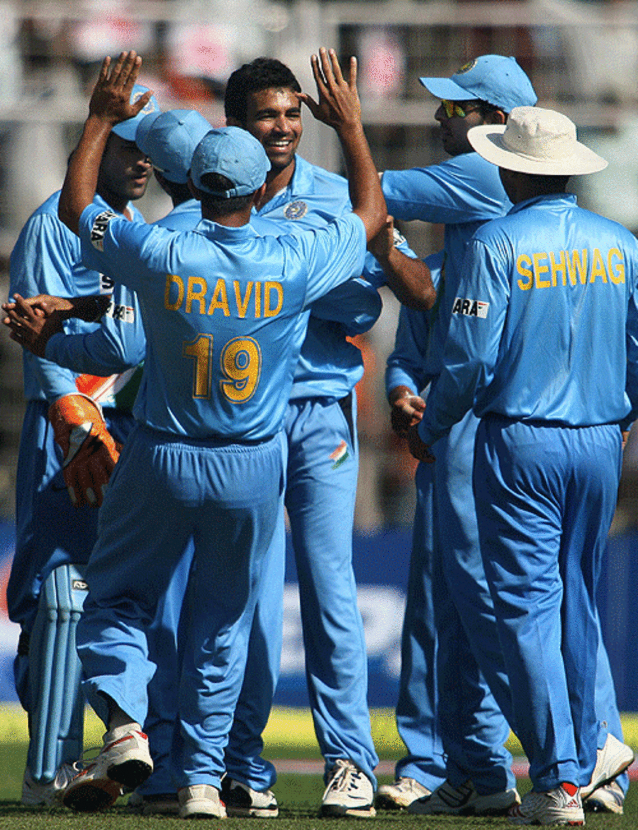 Zaheer Khan is mobbed during his two-wicket over, India v Sri Lanka, 3rd ODI, Margao, February 14, 2007