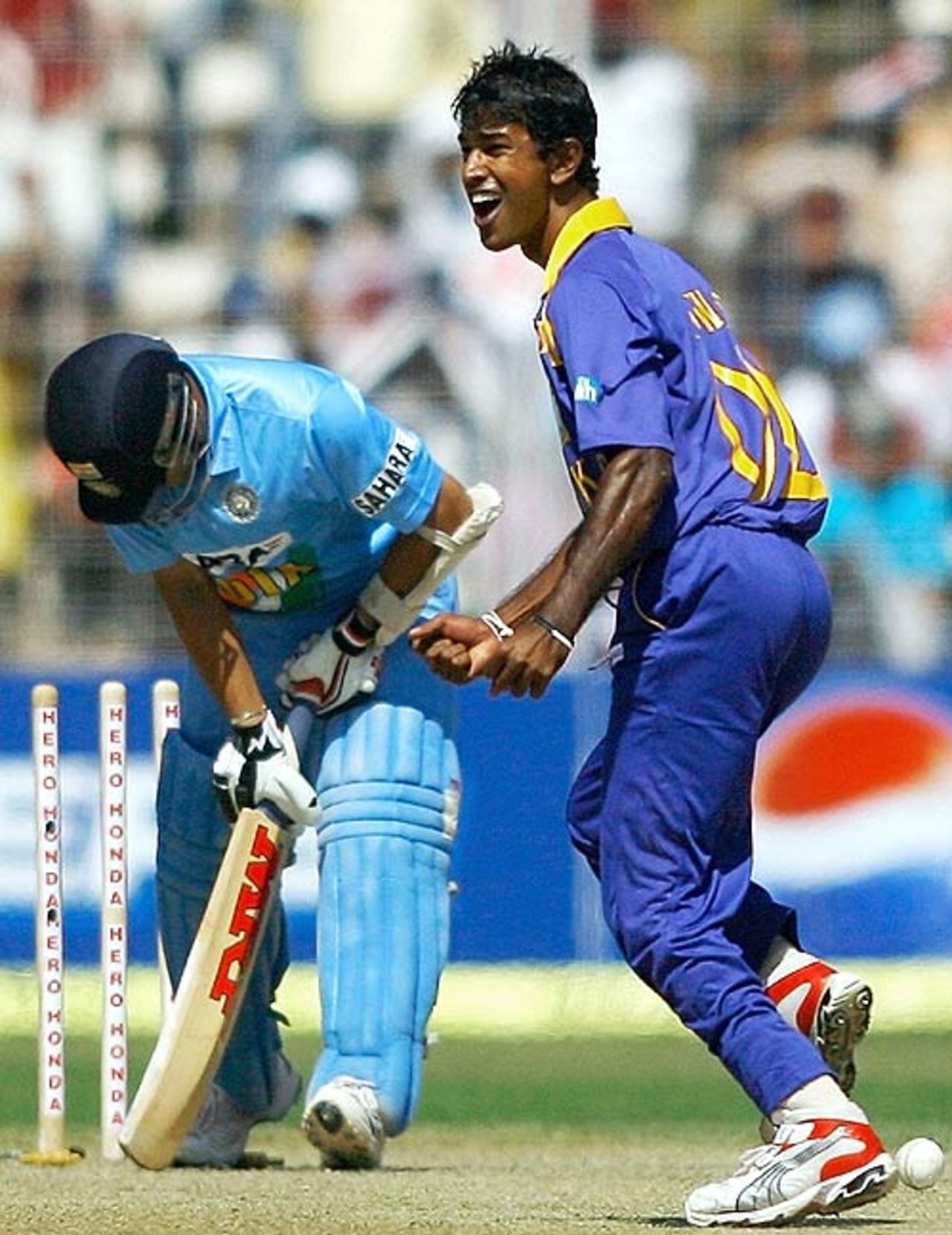 Nuwan Kulasekara celebrates the dismissal of Sachin Tendulkar, India v Sri Lanka, 3rd ODI, Margao, February 14, 2007