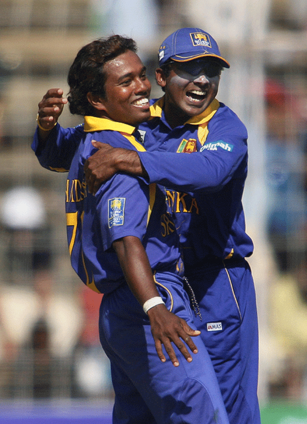 Malinga Bandara and Mahela Jayawardene celebrate the wicket of Sourav Ganguly, India v Sri Lanka, 3rd ODI, Margao, February 14, 2007