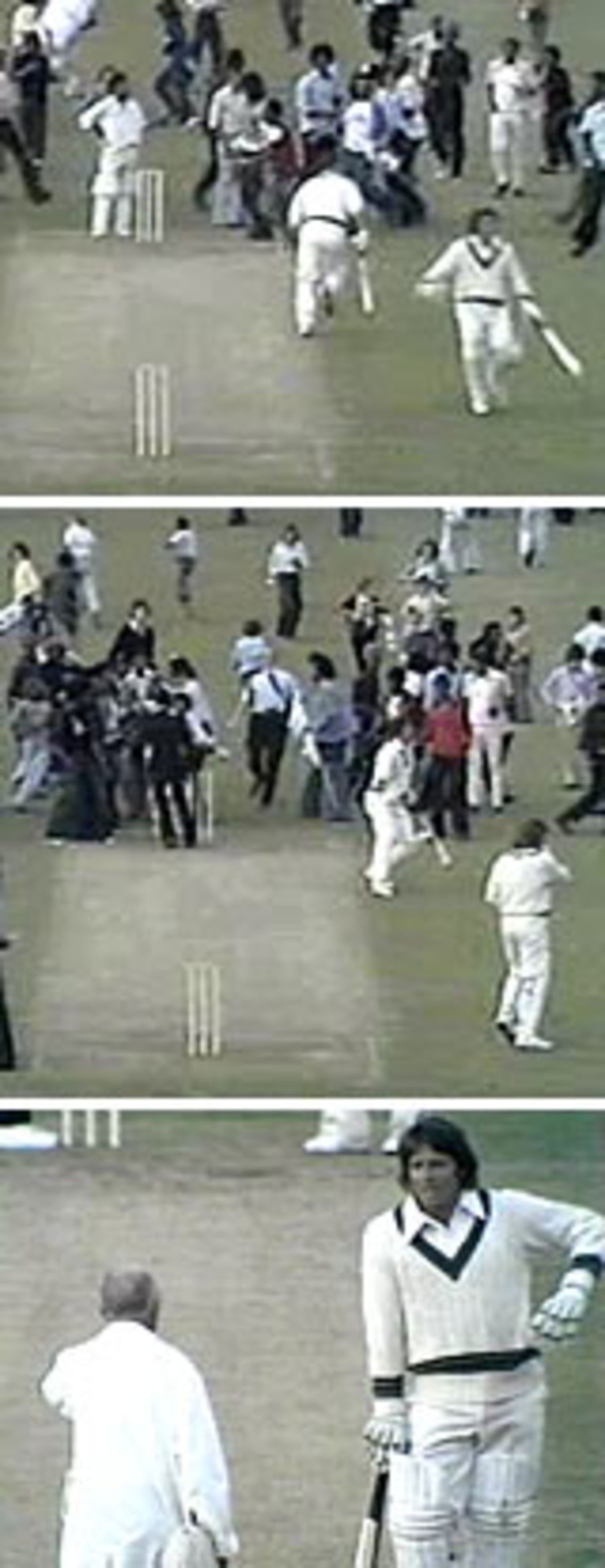 Confusion in the World Cup final as Jeff Thomson is caught off a no-ball and the crowd invade the pitch. With Dennis Lillee, Thomson ran three before opting to stay put as spectators enveloped the field. In the end, the pair were awarded four runs, West Indies v Australia, Lord's, June 21, 1975
