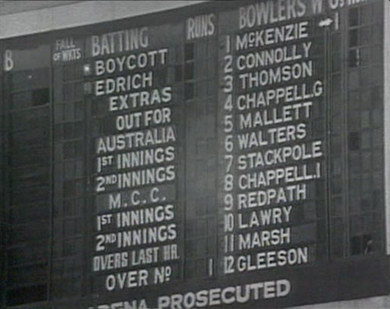 The scoreboard at the start of the first-ever one-day international, Australia v England, Melbourne, January 5, 1971