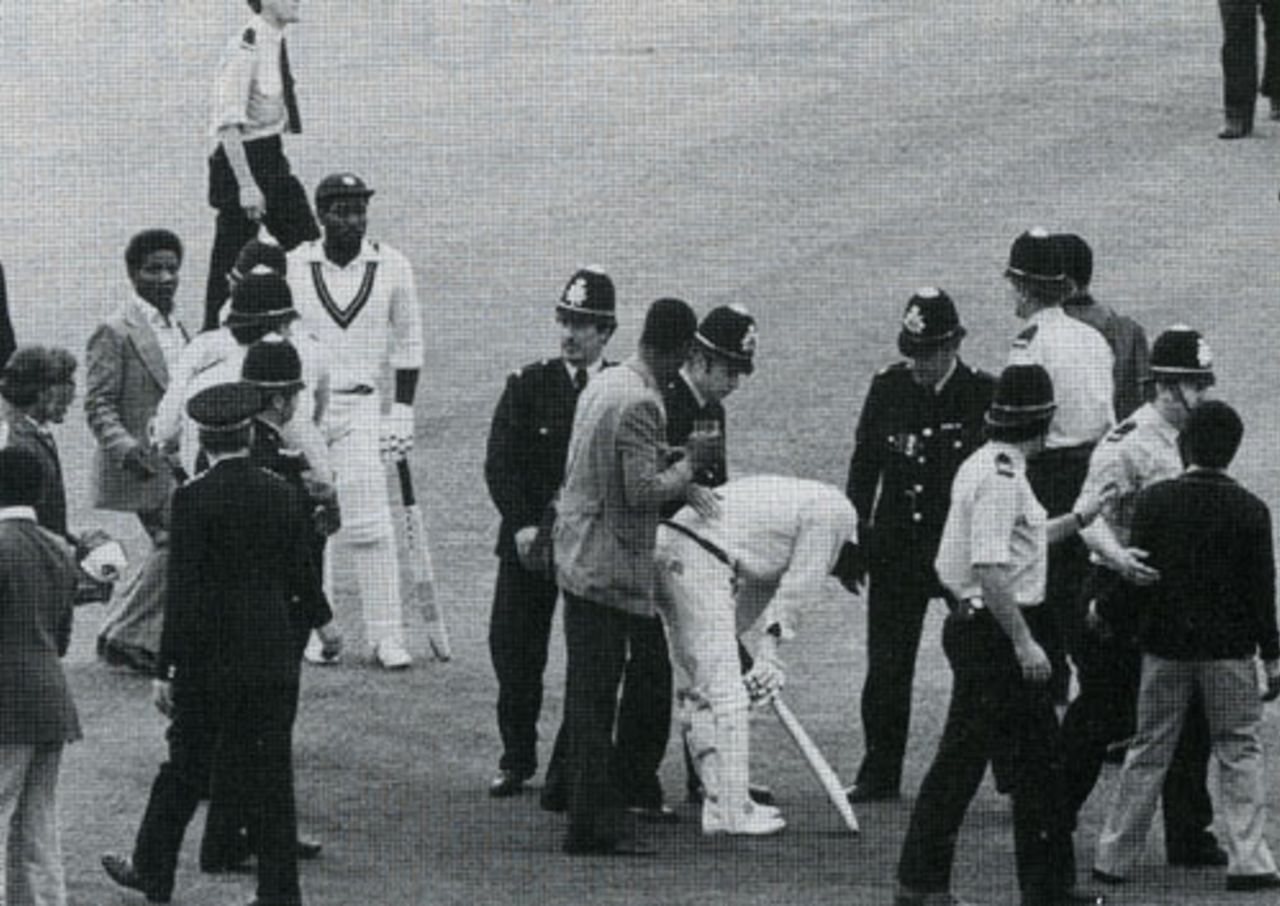 Gordon Greenidge recovers after being mobbed on reaching his hundred, India v West Indies, Edgbaston, June 9, 1979